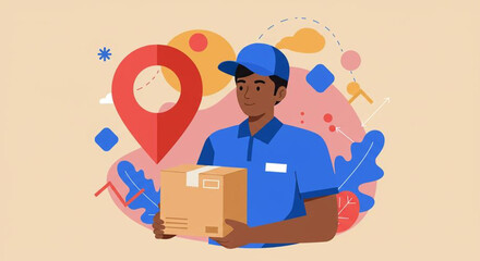 a delivery man holding a box with a map and location icons. Suitable for landing page, banner, marketing, web design, presentation, infographic, etc.