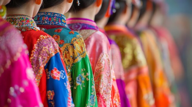 Women dressed in vibrant, embroidered traditional garments stand in a line, showcasing intricate patterns and rich colors.