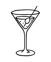 Martini glass vector illustration in a black hand-drawn outline style with sketchy texture. Perfect for bar menus, cocktail party invitations, drink-themed designs, and casual beverage graphics.
