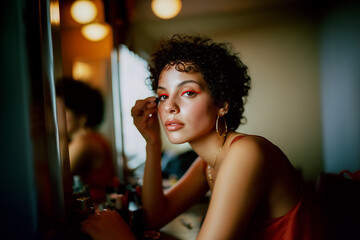 A woman with red hair and orange nail polish is sitting in front of a mirror