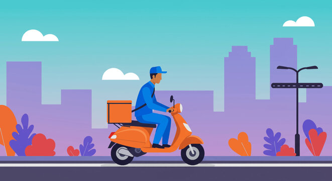 An illustrated delivery person rides an orange scooter through a city street, transporting a package with a cityscape backdrop under a bright blue sky.