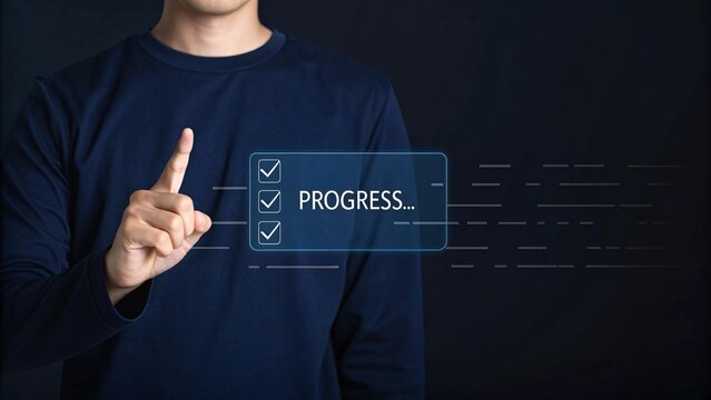 Man Points to Virtual Progress Checklist Displaying Steps Completed Illustrating Task Management and Goal Achievement for Business and Personal Success