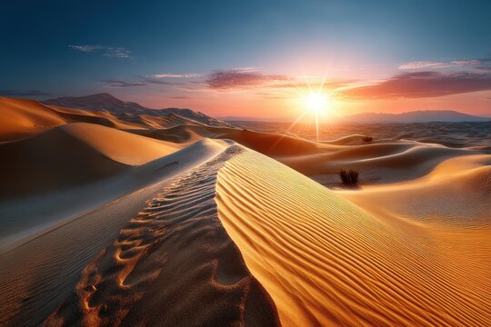 Golden dunes under a stunning sunset in a vast desert landscape