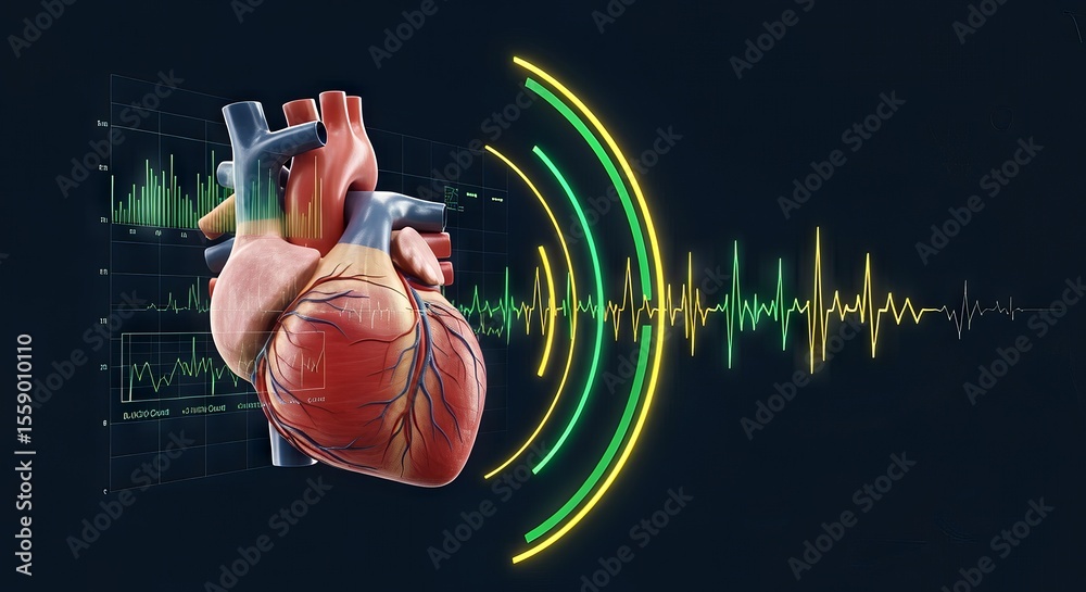 Poster medtech and the future of health innovation. 3d illustration of a human heart with sound waves and g
