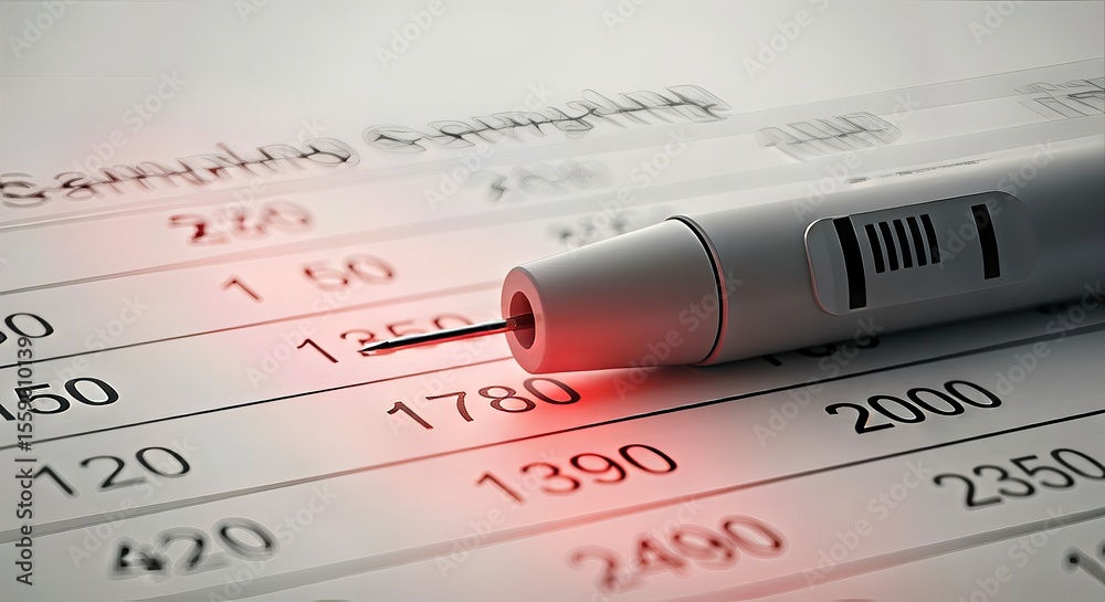 Poster medtech and the future of health innovation. close-up of a pen resting on a financial spreadsheet.