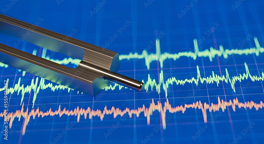 Poster MedTech and the Future of Health Innovation. Tuning fork over a colorful soundwave graph.
