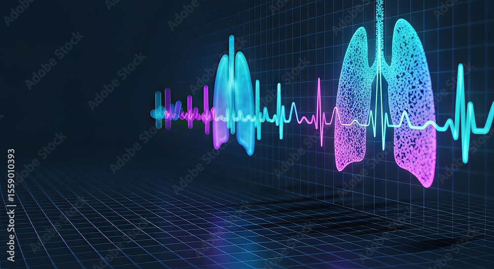 Poster medtech and the future of health innovation. digital illustration of lungs with heartbeat waveform i