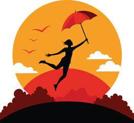 A whimsical collection of stylized illustrations depicting a boy flying with an umbrella, evoking a sense of childlike wonder and freedom
