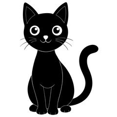 Cute black cat sitting upright facing forward silhouette vector illustration