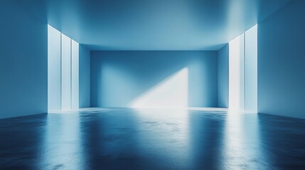 Modern corporate conference room with large wooden meeting table, executive leather chairs, floor-to-ceiling glass walls, and vertical blank poster frame in bright contemporary office interior
