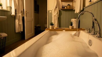 Cozy bathroom with a filled bathtub and soft lighting for relaxation   - Powered by Adobe