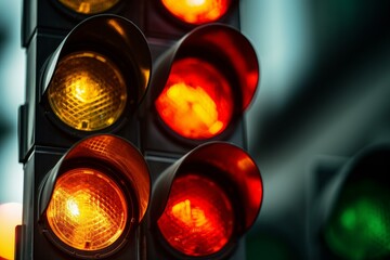 Close up view of a traffic signal displaying both red and yellow lights, potentially causing confusion and uncertainty for motorists