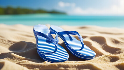 Naklejka premium Blue and White Striped Flip Flops on a Sandy Beach Shoreline