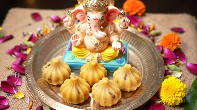 Overhead view of traditional Indian modak sweets arranged on a brass plate before a decorative Ganesha idol with scattered flower petals, representing Ganesh Chaturthi festive offering
