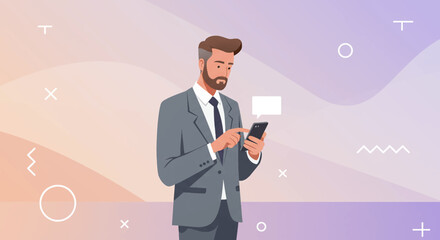 a man in a suit and tie holding a cell phone