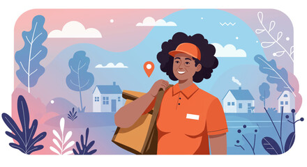 A cheerful Black woman, dressed in a vibrant orange uniform, stands ready to deliver a package in a modern, stylized neighborhood.