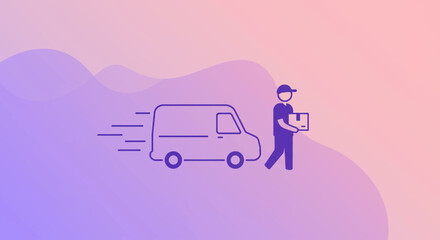 A delivery person, depicted in a minimalist style, exits a moving van with a package against a gradient background, symbolizing fast and efficient shipping.