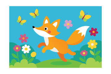 Obraz premium Playful Fox in Spring Meadow Butterflies and Flowers Illustration