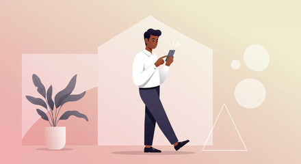 a man in a white shirt and black pants is using his phone