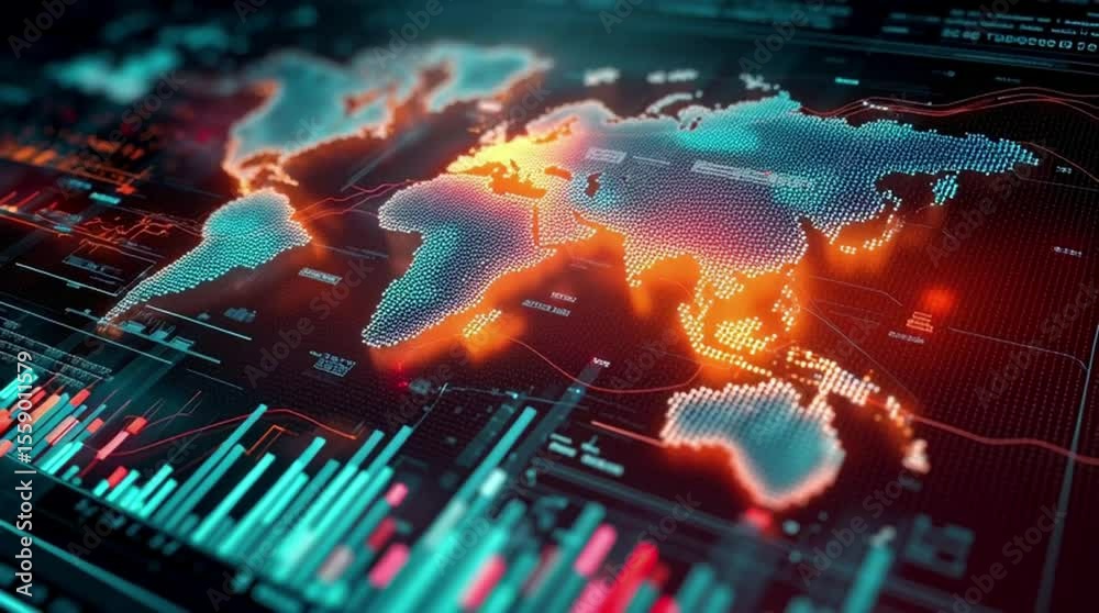 Poster abstract digital data visualization, futuristic network display, glowing blue and red lines, interco