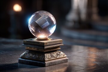 Crystal orb resting on ornate pedestal in a dimly lit mystic chamber