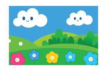 Naklejka premium Cheerful Spring Meadow Happy Clouds and Blooming Flowers