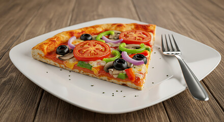 A slice of veggie pizza with mushrooms, onions, bell peppers, olives, and tomatoes, served on a white ceramic plate over a reclaimed wood table. A fork rests beside it