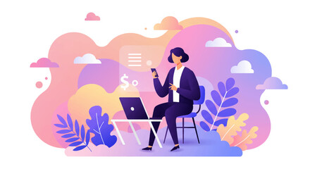 a woman sitting at a desk with a laptop and a cup of coffee