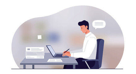 A man is seated at a desk, working on a laptop with a blurred background that suggests an office setting. Suitable for landing page, banner, marketing, web design, presentation, infographic, etc.