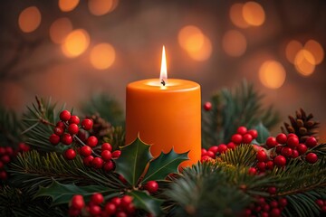 Warm orange candle glows amidst festive evergreen branches and red berries