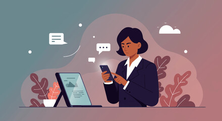 a woman using her phone while sitting at a desk