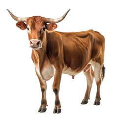 Naklejka premium A reddish brown bull stands against a black background showing its large horns and body details