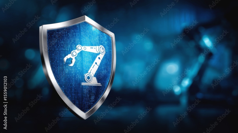 Poster digital shield with robotic arm icon over blue background representing data security and mechanical 
