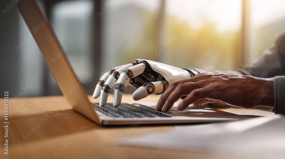 Poster close-up shot of an ai robot hand typing on a keyboard in a modern workspace setting