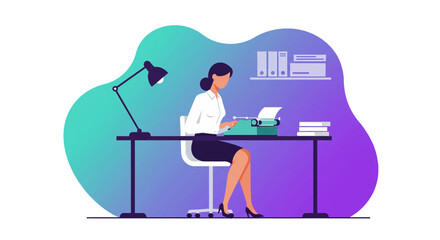 a woman sitting at a desk typing on a typewriter, with a lamp and bookshelf in the background. Suitable for landing page, banner, marketing, web design, presentation, infographic, etc.