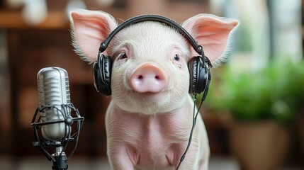 Cute Pig with Headphones in Studio