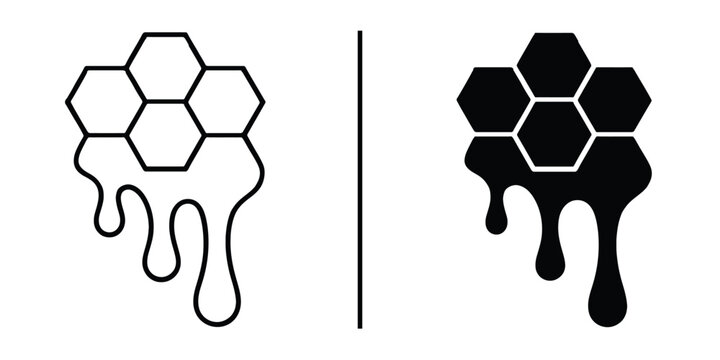Honey Comb Icon in Illustration style : A honey comb illustration split by a straight line, depicting two visual styles in stark contrast against a solid black background. One side with outlines.