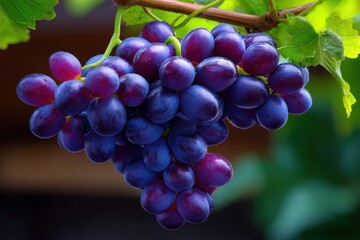 Fototapeta premium Juicy clusters of ripe grapes hanging from a vine under warm sunlight in a vineyard