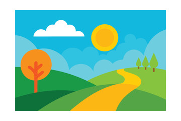 Obraz premium Sunny Hills, Winding Road, Scenic Landscape Illustration