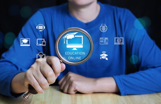 concept represents modern online education and digital learning platforms designed to build skills and knowledge through virtual classes, interactive content, and educational icons