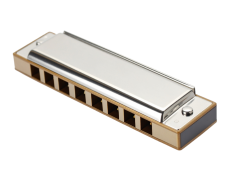 Metallic harmonica mouth instrument, isolated on white.
