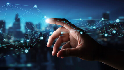 Hand Touching a Futuristic Network Displaying Advanced Technological Connectivity and Innovation in Digital Communication and Global Data Exchange