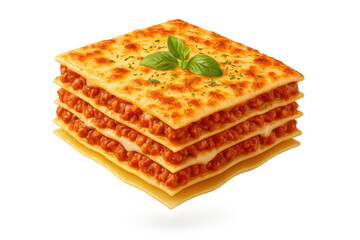 Delicious cheesy baked lasagna slice isolated on transparent background