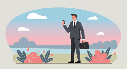 Obraz premium a man in a suit is standing on a hill and looking at his phone
