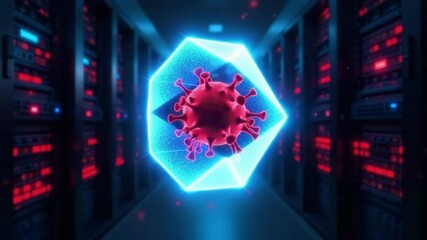 A digital representation of a virus in a server room. The virus is depicted in red and blue colors, surrounded by glowing hexagonal shapes. Servers line the background. - Powered by Adobe