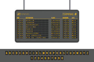 An airport departures board shows flight details including time, destination, flight number, boarding time, and gate number for cities such as Berlin and London.