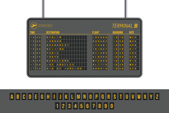 An airport departures board shows flight details including time, destination, flight number, boarding time, and gate number for cities such as Berlin and London.