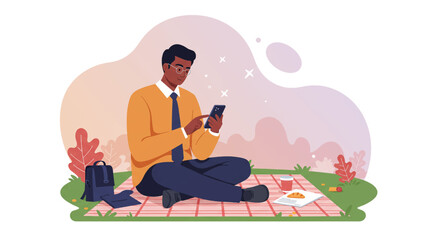 a man sitting on a rug using his phone