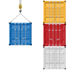 A blue shipping container is lifted by a crane next to a stack of colorful containers. Logistics and transportation of goods for global import and export.