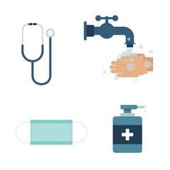A flat vector image displaying hygiene and medical tools including a stethoscope, hand washing, sanitizer, and a face mask, against a clean white background. Concept art.